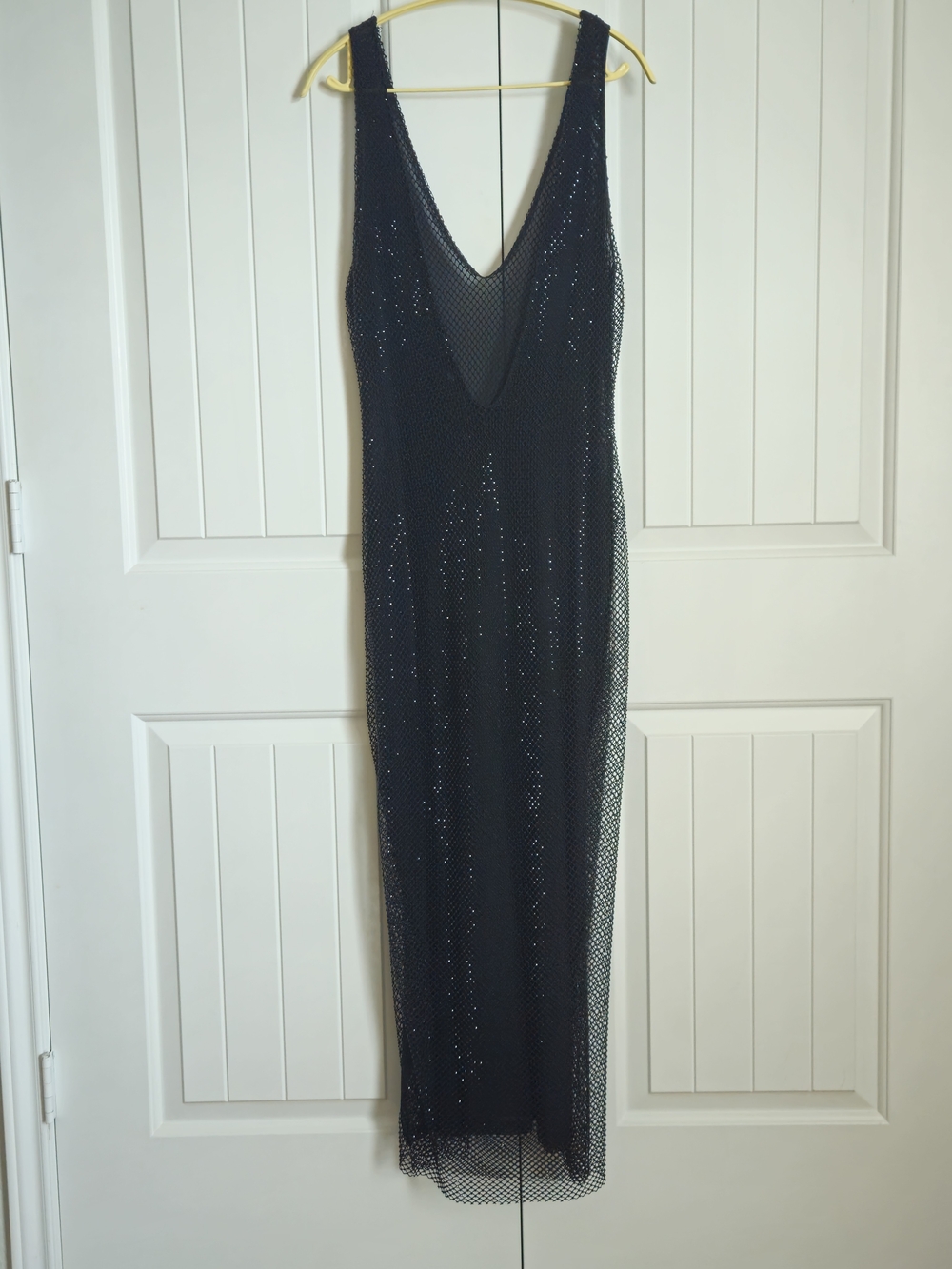 SLA Black Mesh Sequence Sheer V Neck Strappy Sleeves MaxinDress Size L